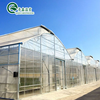 Estufas agrícolas multiespan com sistemas de cultivo hidropónicos em recipientes usados